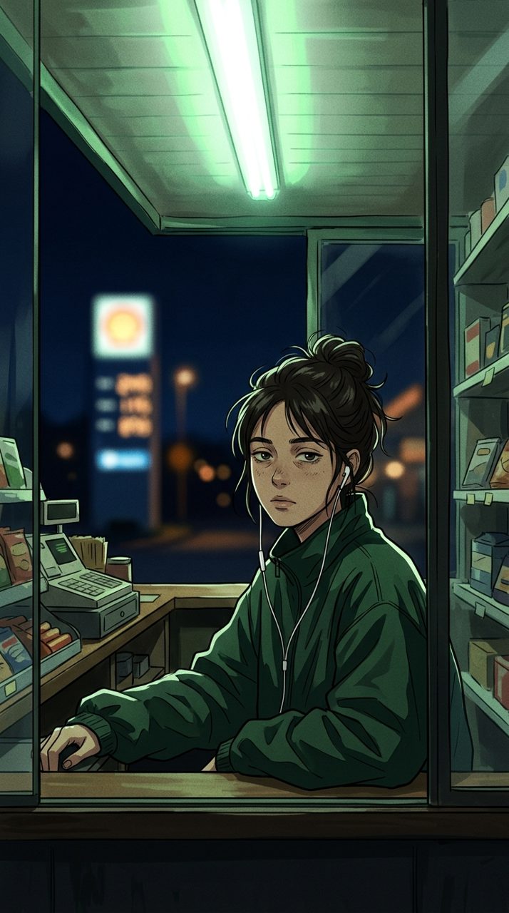 The reference frame: a young woman in an oversized windbreaker behind a fuel-station counter, lit by green-white fluorescent light