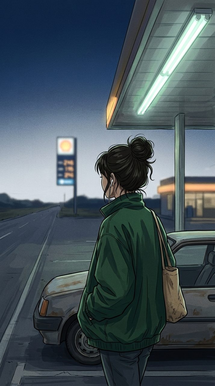 The same character, seen from behind, walking away from the fuel station at dawn